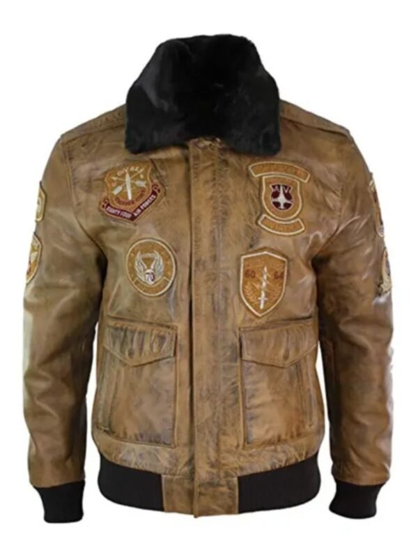 Devin Aviator Tan Bomber Brown Jacket with Patches