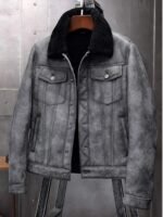 Dustin Grey Black Shearling Fur Trucker Jacket