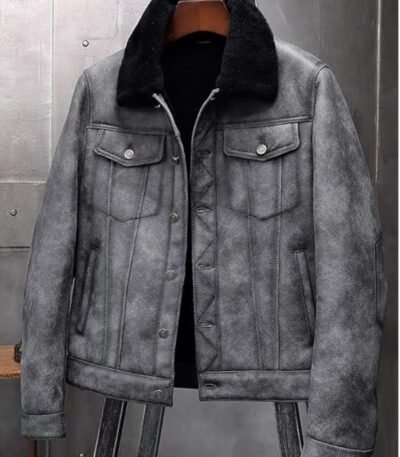 Dustin Grey Black Shearling Fur Trucker Jacket