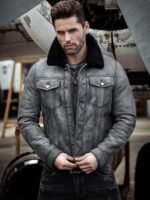 Dustin Grey Black Shearling Fur Trucker Jacket