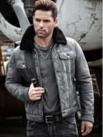 Dustin Grey Black Shearling Fur Trucker Jacket