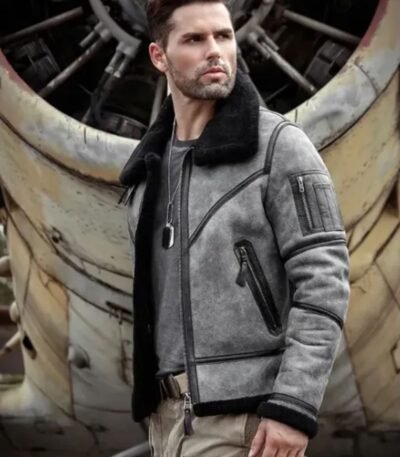 Eric Grey Black Triple Belted Cuffs Shearling Jacket