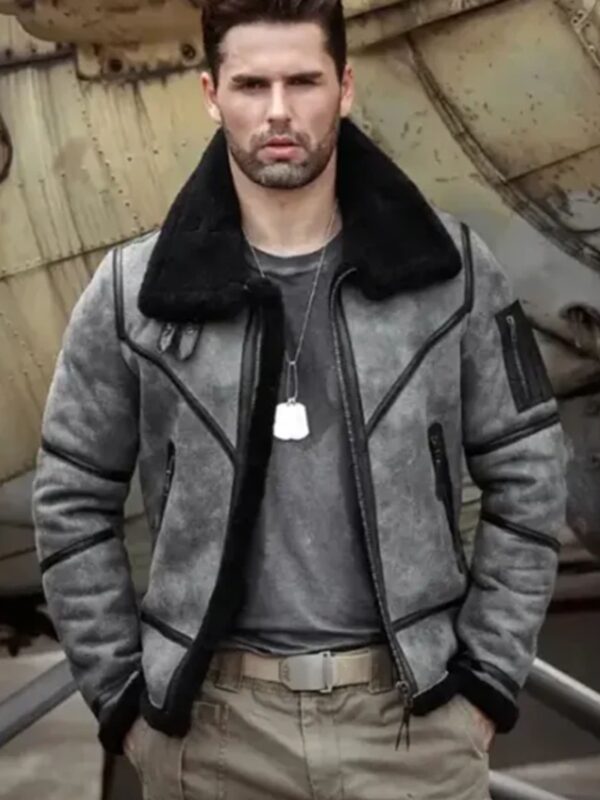 Eric Grey Black Triple Belted Cuffs Shearling Jacket