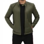 Fano Mens Olive Green Lambskin Leather Biker Jacket