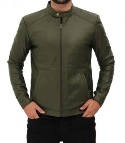 Fano Mens Olive Green Lambskin Leather Biker Jacket