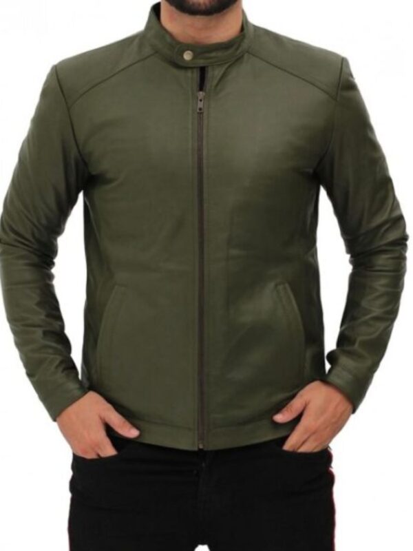 Fano Mens Olive Green Lambskin Leather Biker Jacket