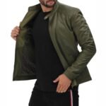 Fano Mens Olive Green Lambskin Leather Biker Jacket