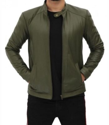 Fano Mens Olive Green Lambskin Leather Biker Jacket