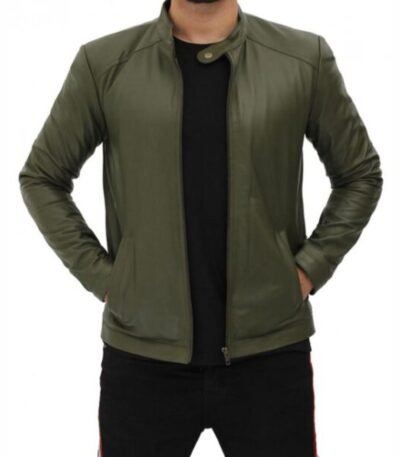 Fano Mens Olive Green Lambskin Leather Biker Jacket
