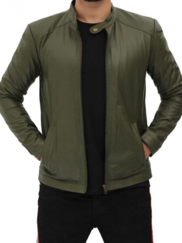 Fano Mens Olive Green Lambskin Leather Biker Jacket
