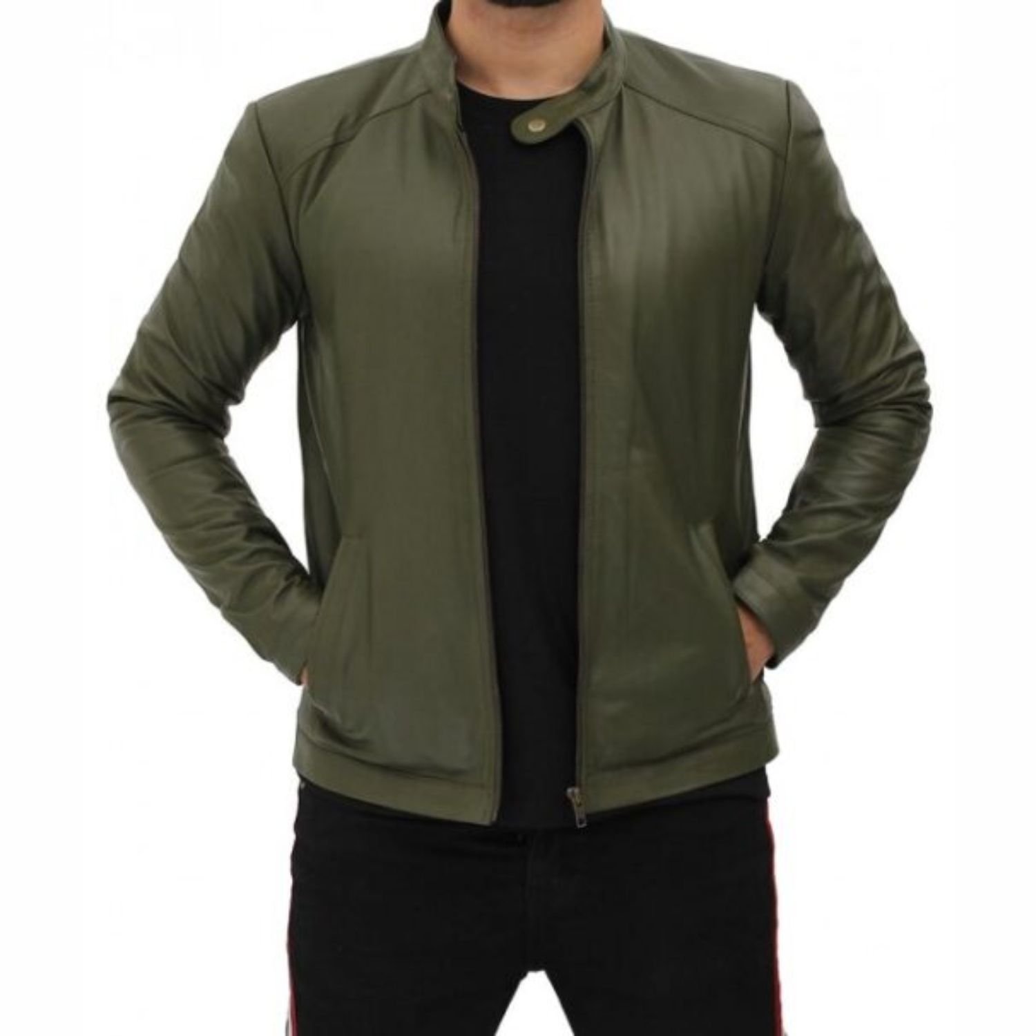 Fano Mens Olive Green Lambskin Leather Biker Jacket Fano Mens Olive Green Lambskin Leather Biker Jacket