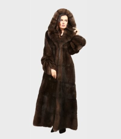 Fluffy Sable Fur Brown Coat With Hood