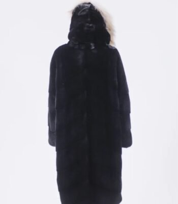 Genuine Fur Hooded Black Mink Fur Long Coat