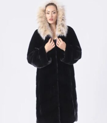 Genuine Fur Hooded Black Mink Fur Long Coat