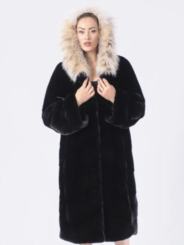 Genuine Fur Hooded Black Mink Fur Long Coat