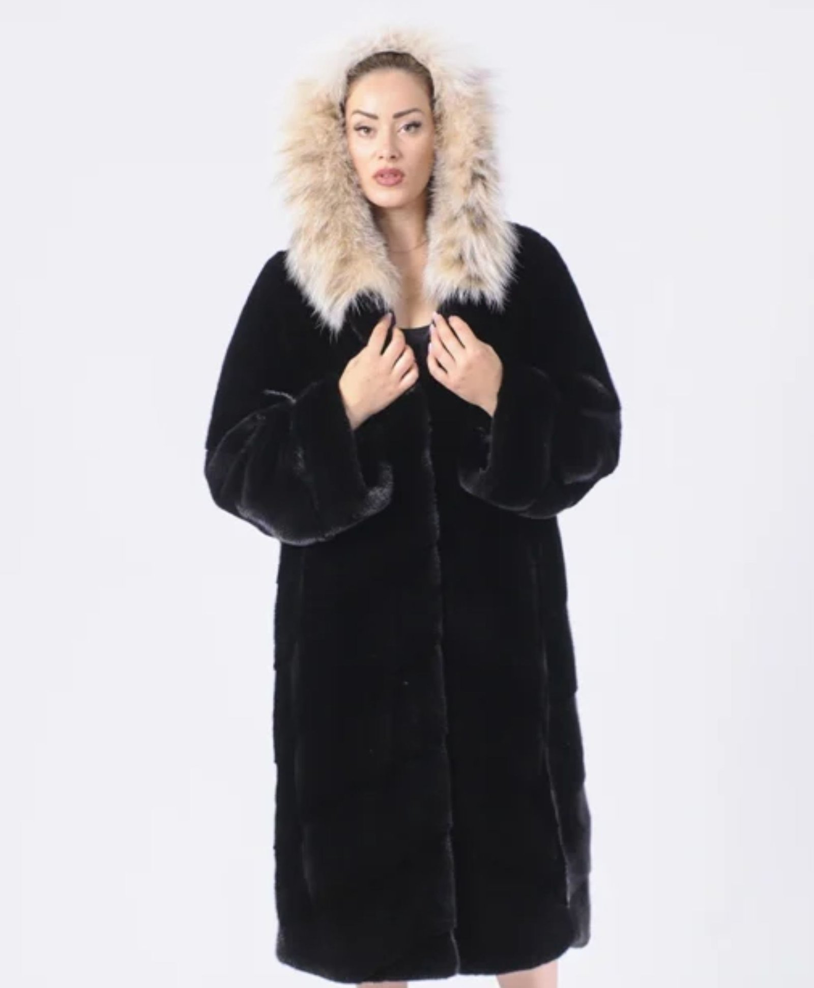 Genuine Fur Hooded Black Mink Fur Long Coat Genuine Fur Hooded Black Mink Fur Long Coat