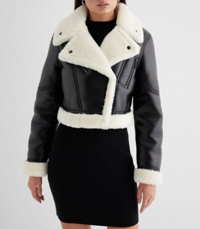 Genuine Leather Sherpa Lined Cropped Moto Jacket