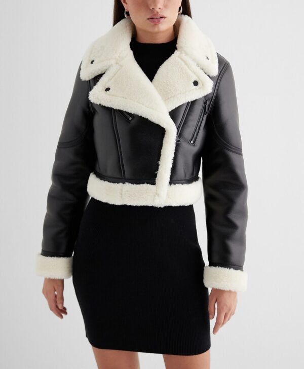 Genuine Leather Sherpa Lined Cropped Moto Jacket