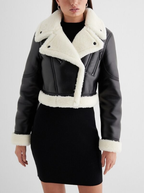 Genuine Leather Sherpa Lined Cropped Moto Jacket