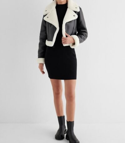 Genuine Leather Sherpa Lined Cropped Moto Jacket