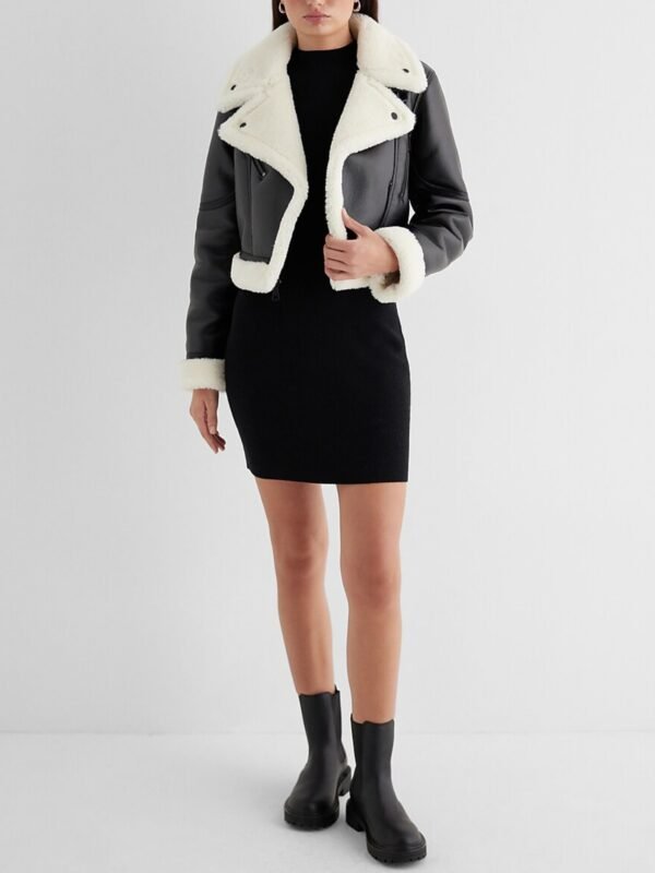 Genuine Leather Sherpa Lined Cropped Moto Jacket