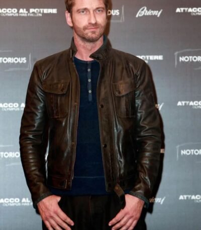 Gerard Butler Olympus Has Fallen Oscar Party Leather Jacket