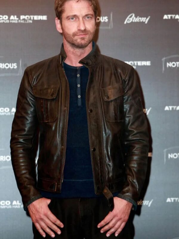 Gerard Butler Olympus Has Fallen Oscar Party Leather Jacket
