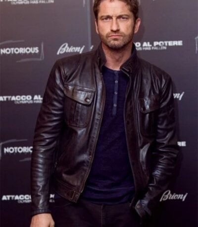 Gerard Butler Olympus Has Fallen Oscar Party Leather Jacket