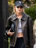 Gigi Hadid Brown Bomber Leather Jacket