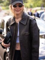 Gigi Hadid Brown Bomber Leather Jacket