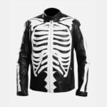 Halloween Skeleton Print Black Leather Jacket