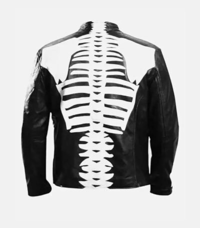 Halloween Skeleton Print Black Leather Jacket