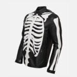 Halloween Skeleton Print Black Leather Jacket - Image 3
