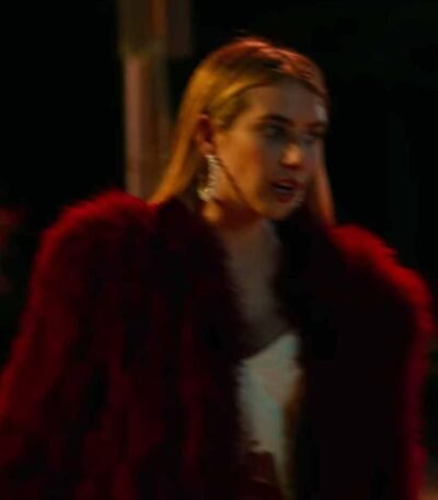 Holidate 2020 Emma Roberts Red Fur Coat