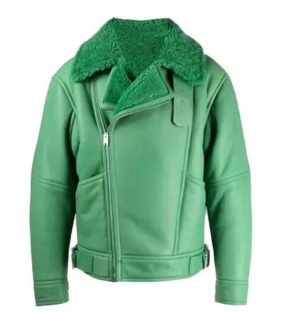 Holly Aviator Shearling Fur Green Biker Jacket