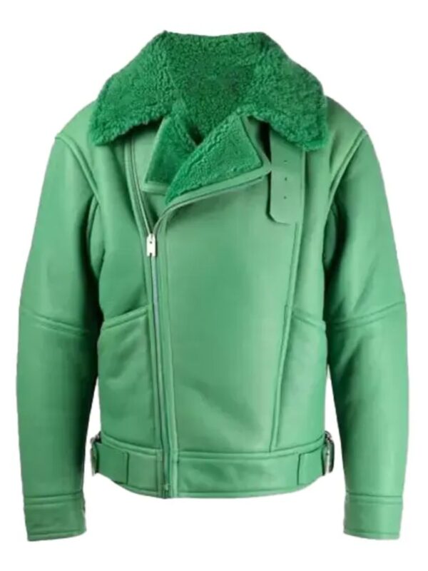 Holly Aviator Shearling Fur Green Biker Jacket