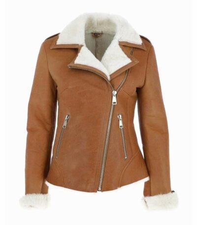 Jacqueline Tan Brown Shearling Suede Biker Jacket