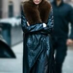 Kendall Jenner Black Long Fur Collar Leather Coat
