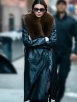 Kendall Jenner Black Long Fur Collar Leather Coat