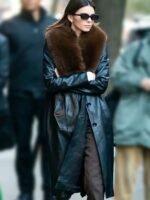 Kendall Jenner Black Long Fur Collar Leather Coat