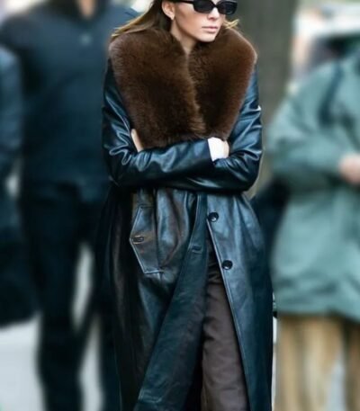 Kendall Jenner Black Long Fur Collar Leather Coat