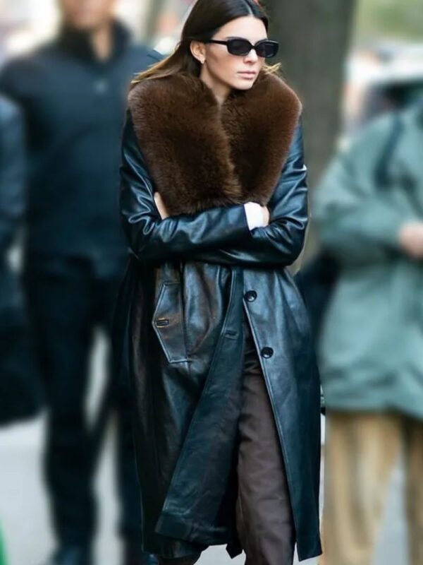 Kendall Jenner Black Long Fur Collar Leather Coat