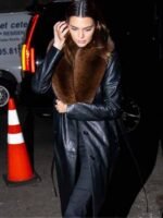 Kendall Jenner Black Long Fur Collar Leather Coat