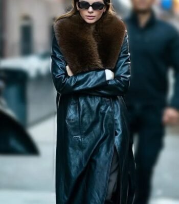 Kendall Jenner Black Long Fur Collar Leather Coat