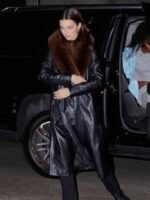 Kendall Jenner Black Long Fur Collar Leather Coat