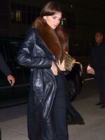 Kendall Jenner Black Long Fur Collar Leather Coat
