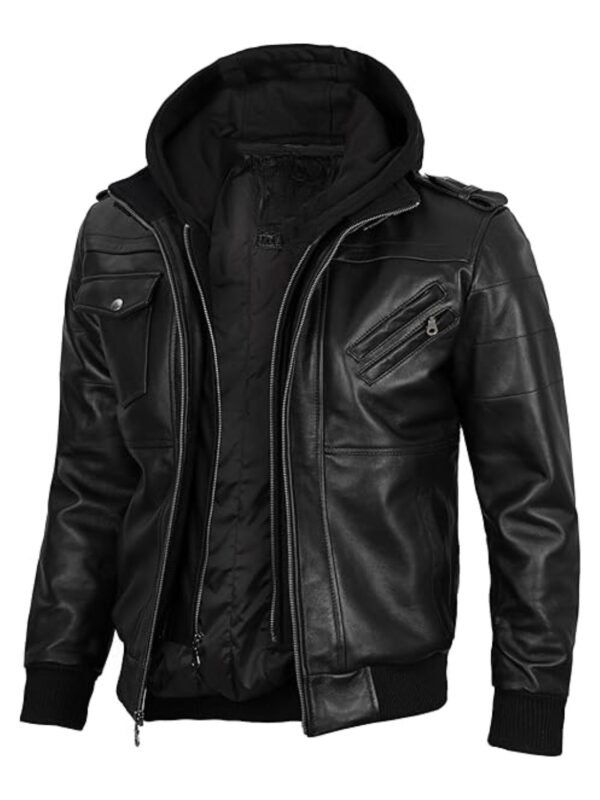 Kevin Hooded Genuine Leather Black Bomber Jacket