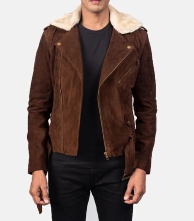 Kyle Brown Shearling Asymmetrical Zipper Suede Jacket