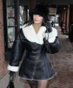 Kylie Jenner Aspen Black Leather Shearling Coat