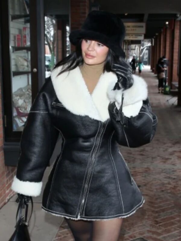 Kylie Jenner Aspen Black Leather Shearling Coat